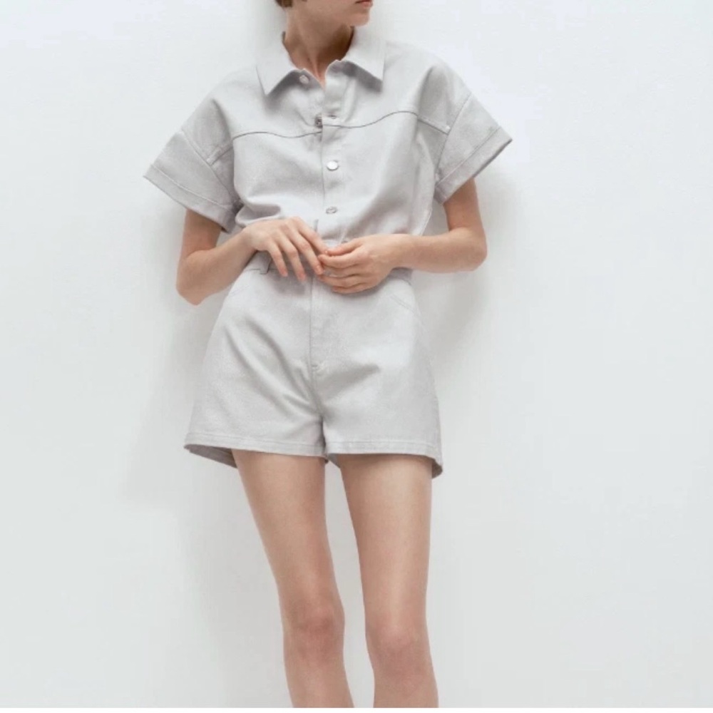 Zara Romper Womens M Light Gray Summer Utility Shorts One Piece
